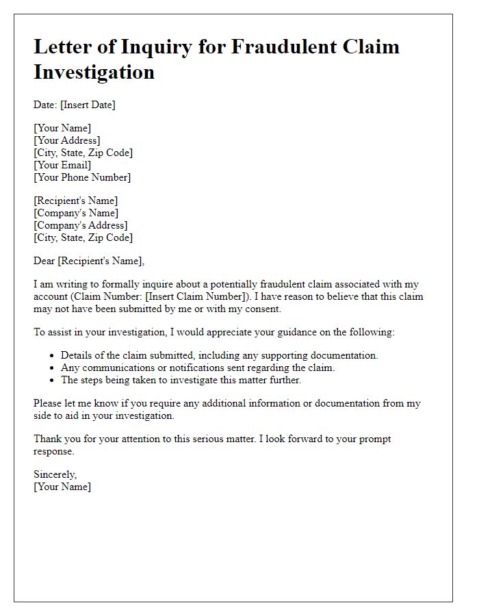 Letter template of inquiry for fraudulent claim investigation