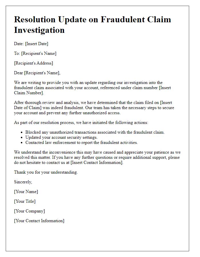 Letter template of resolution update in fraudulent claim investigation