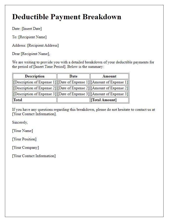 Letter template of deductible payment breakdown