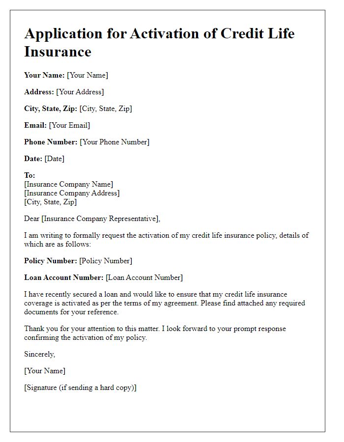 Letter template of application for credit life insurance activation