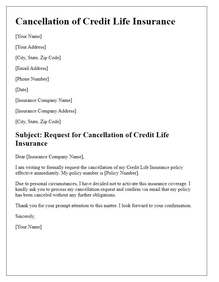 Letter template of cancellation for credit life insurance activation