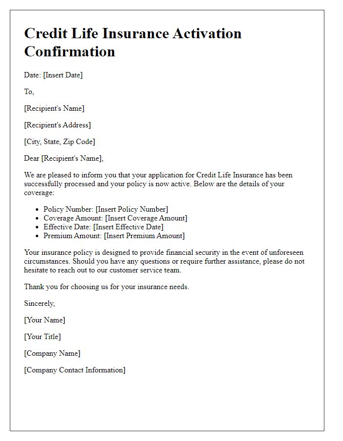 Letter template of confirmation for credit life insurance activation