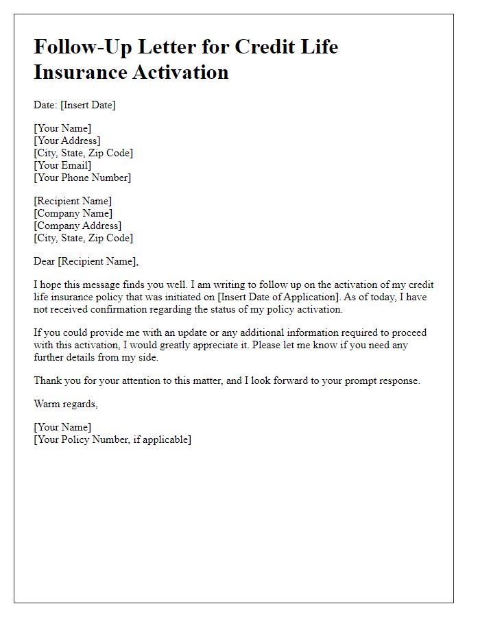 Letter template of follow-up for credit life insurance activation