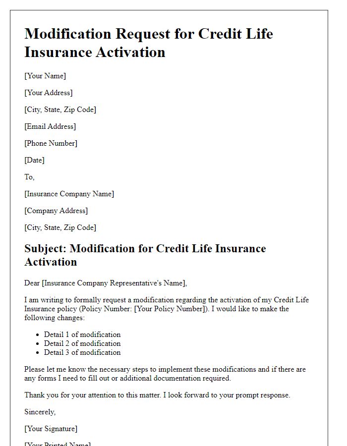 Letter template of modification for credit life insurance activation