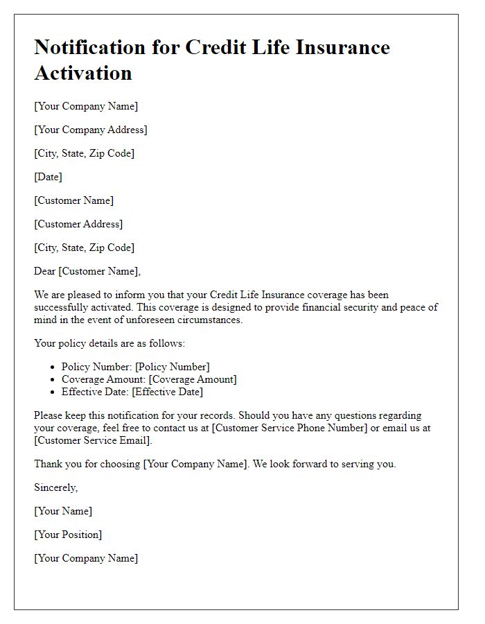 Letter template of notification for credit life insurance activation