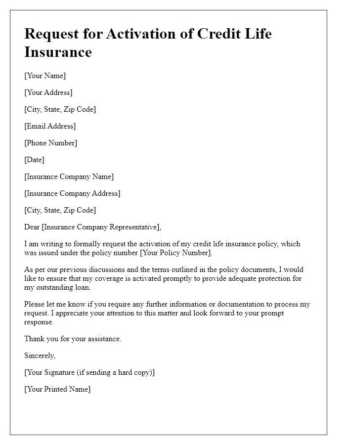 Letter template of request for credit life insurance activation