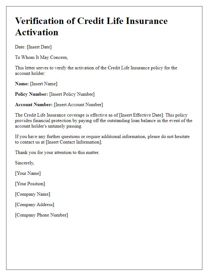 Letter template of verification for credit life insurance activation