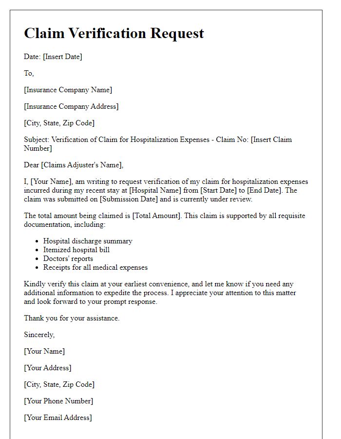 Letter template of claim verification for hospitalization expenses.