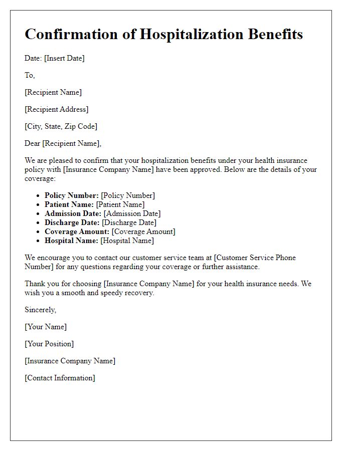 Letter template of confirmation for health insurance hospitalization benefits.