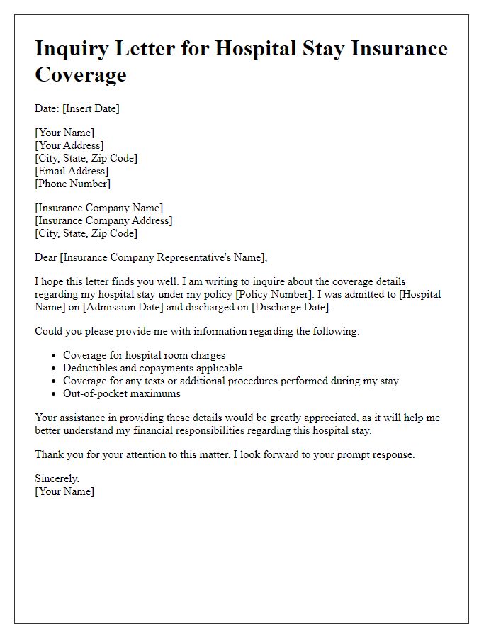 Letter template of hospital stay insurance coverage inquiry.