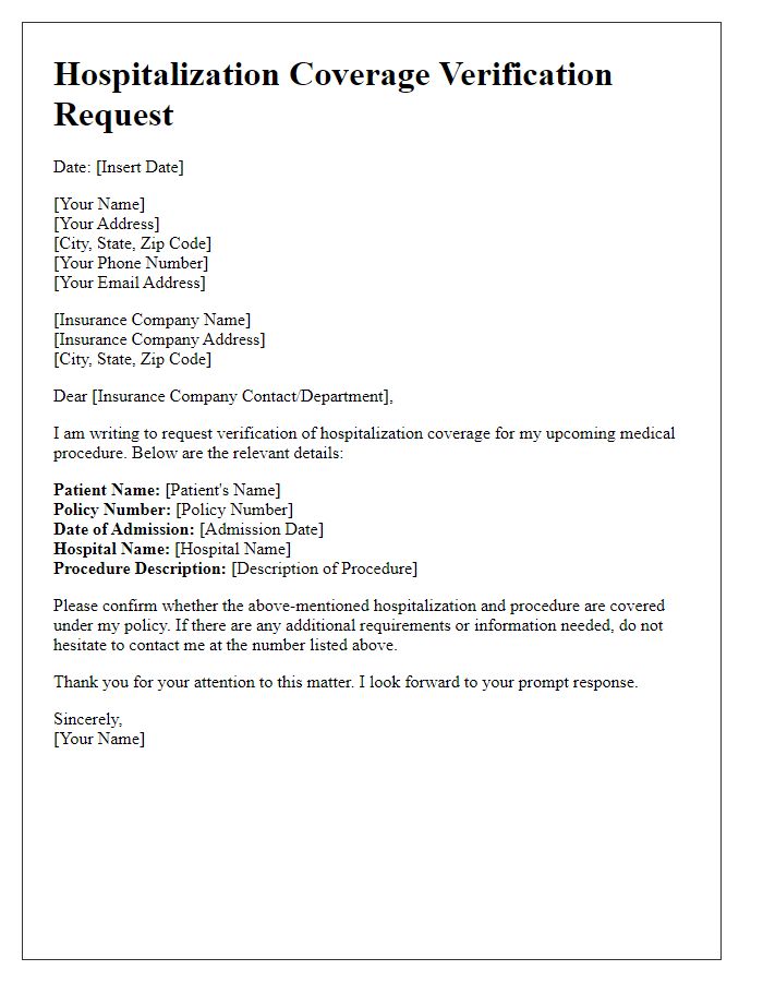 Letter template of hospitalization coverage verification request.