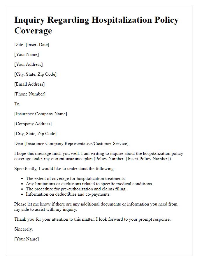 Letter template of inquiry regarding hospitalization policy coverage.