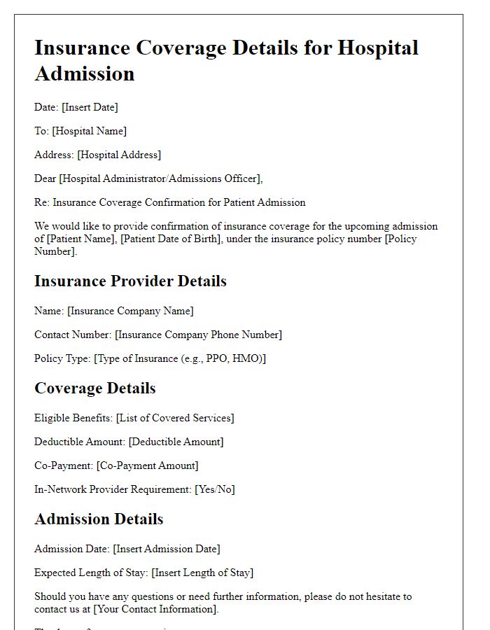 Letter template of insurance coverage details for hospital admission.