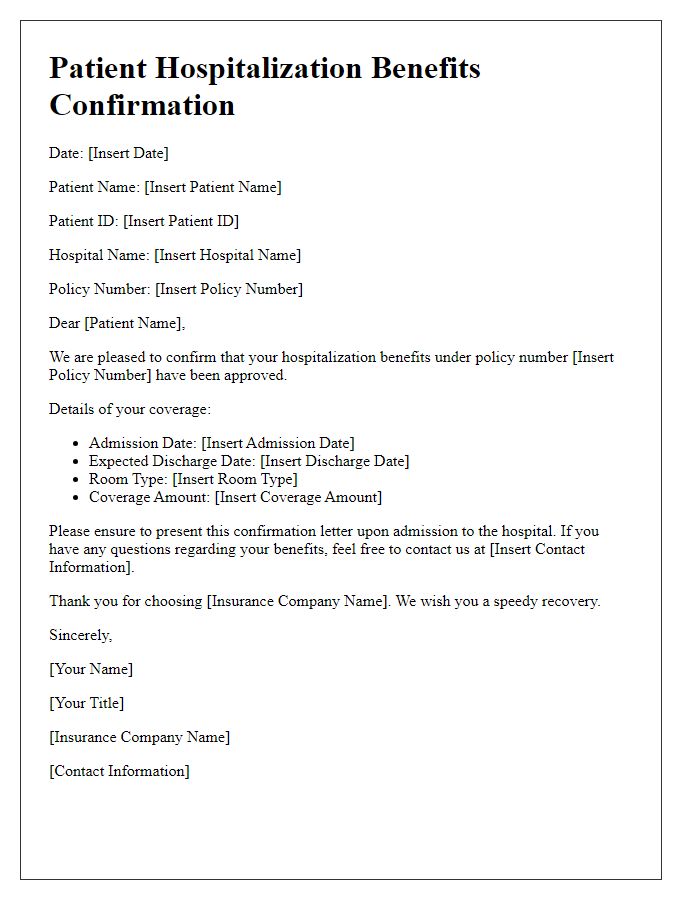 Letter template of patient hospitalization benefits confirmation.