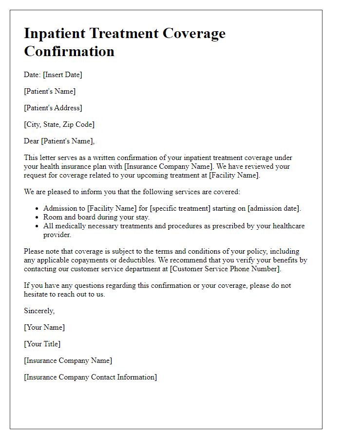 Letter template of written confirmation for inpatient treatment coverage.