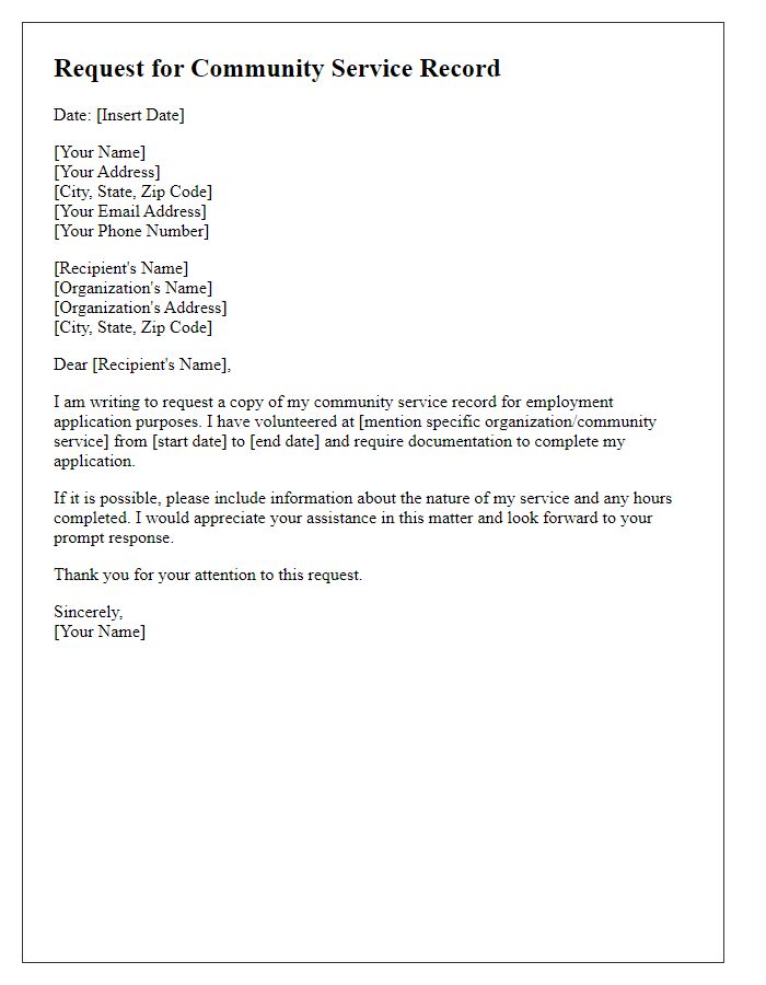 Letter template of request for community service record for employment application.