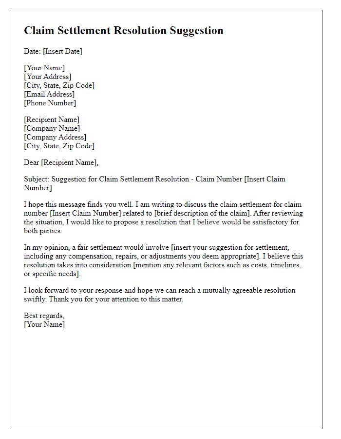 Letter template of claim settlement resolution suggestion