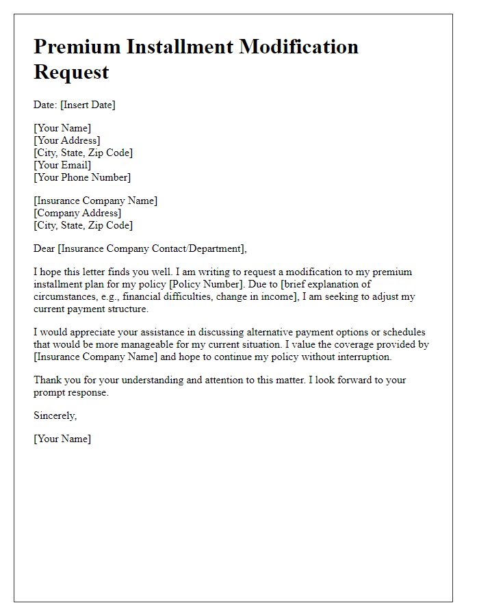 Letter template of premium installment modification request