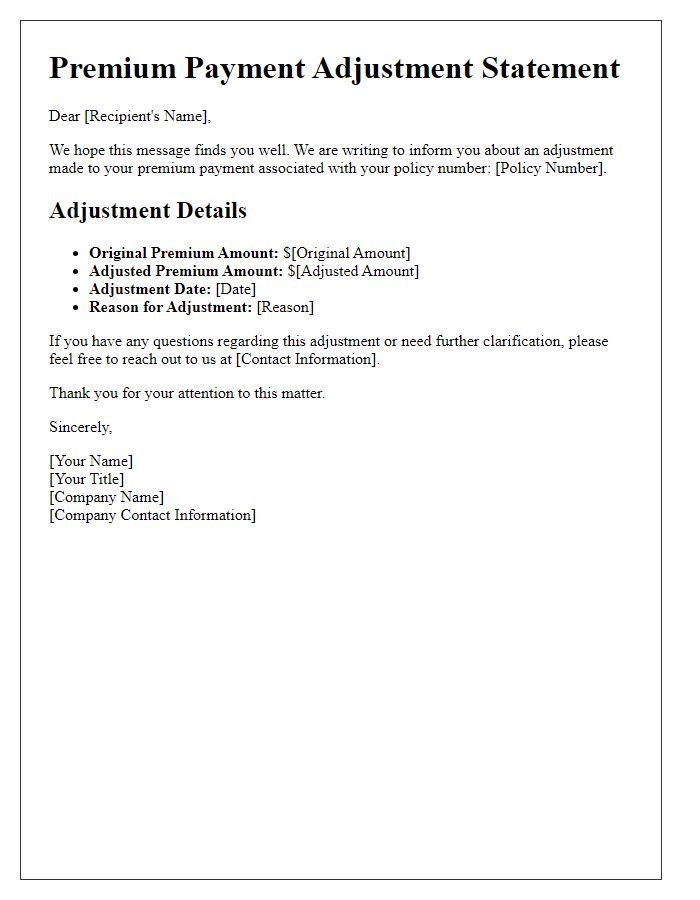 Letter template of premium payment adjustment statement