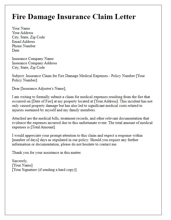 Letter template of fire damage insurance claim for medical expenses.