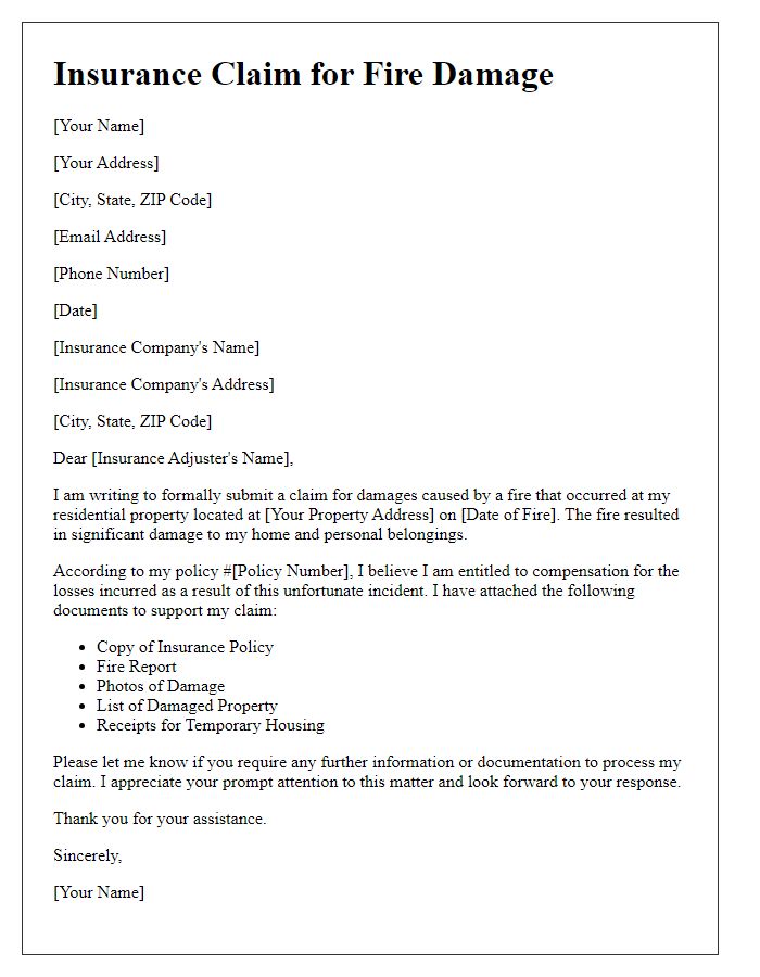 Letter template of fire damage insurance claim for residential property.