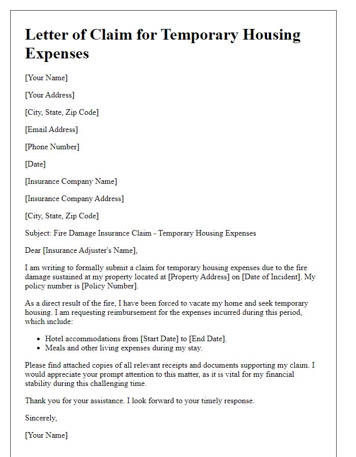 Letter template of fire damage insurance claim for temporary housing expenses.