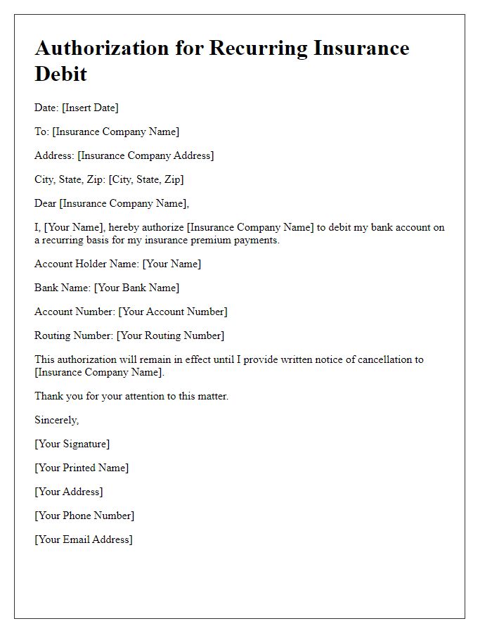 Letter template of Authorization for Recurring Insurance Debit