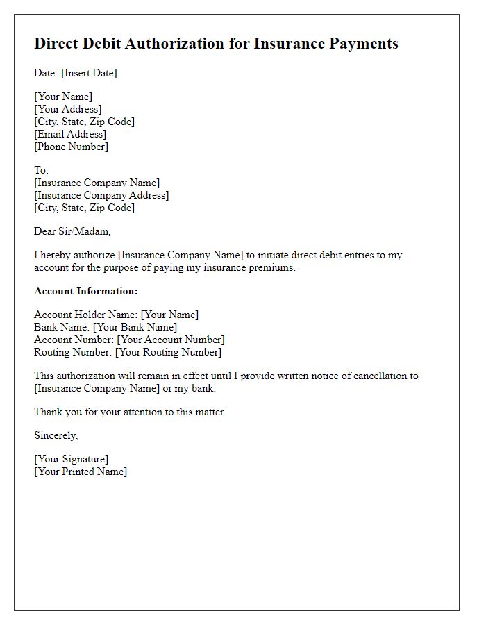 Letter template of Direct Debit Authorization for Insurance Payments