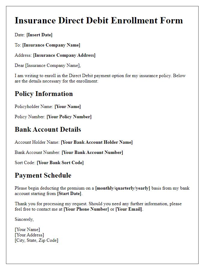 Letter template of Insurance Direct Debit Enrollment Form