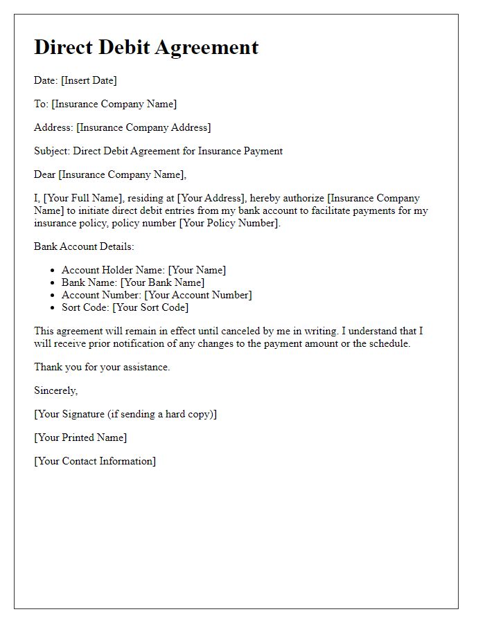 Letter template of Insurance Payment Direct Debit Agreement