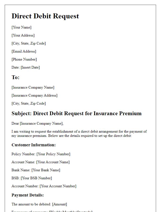 Letter template of Insurance Premium Direct Debit Request