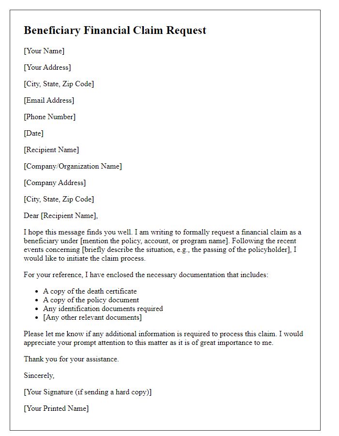 Letter template of beneficiary financial claim request