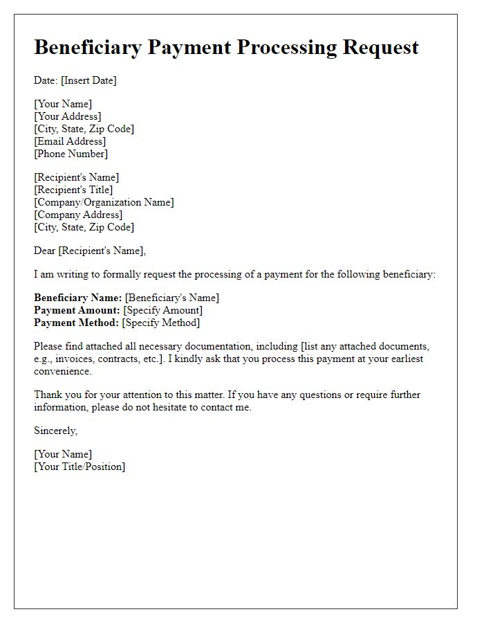 Letter template of beneficiary payment processing request