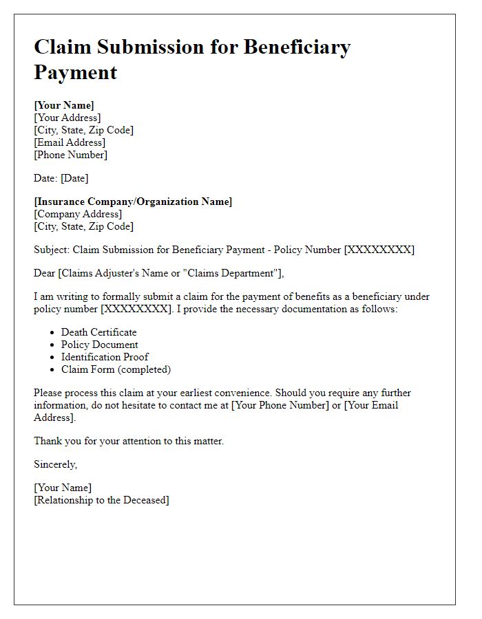 Letter template of claim submission for beneficiary payment