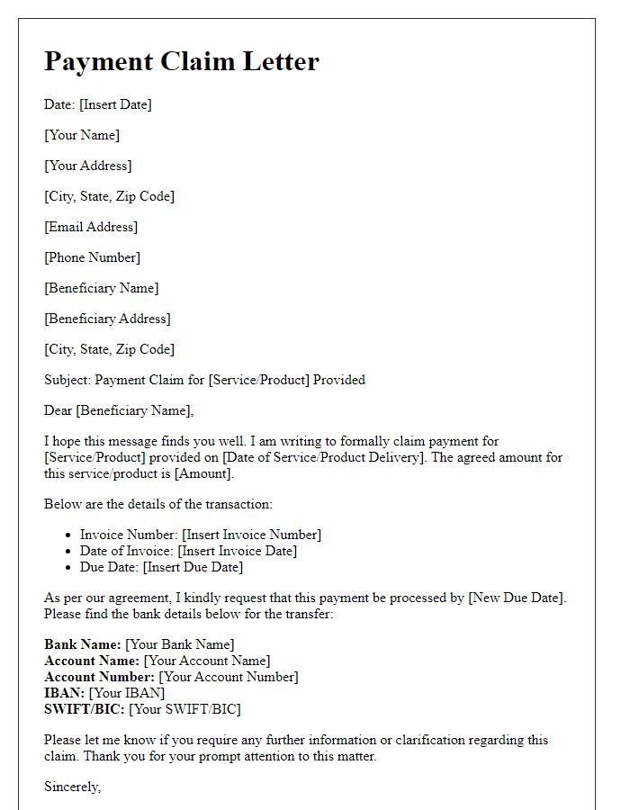 Letter template of payment claim for beneficiary account