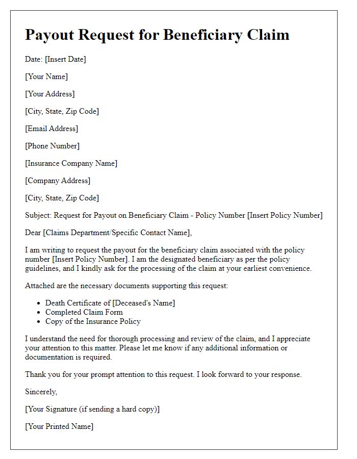 Letter template of payout request for beneficiary claim