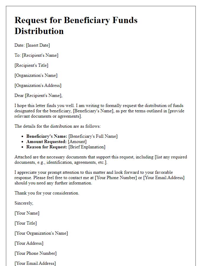 Letter template of request form for beneficiary funds distribution