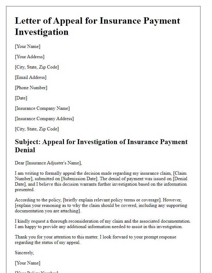 Letter template of appeal for insurance payment investigation