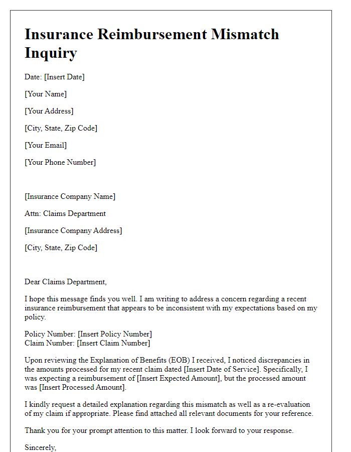 Letter template of insurance reimbursement mismatch question