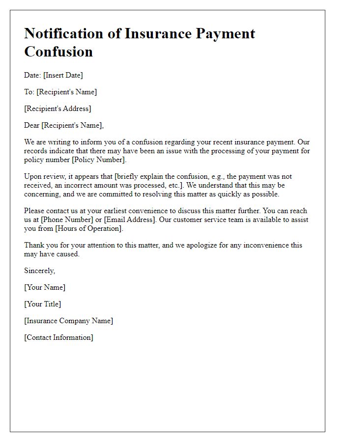 Letter template of notification for insurance payment confusion