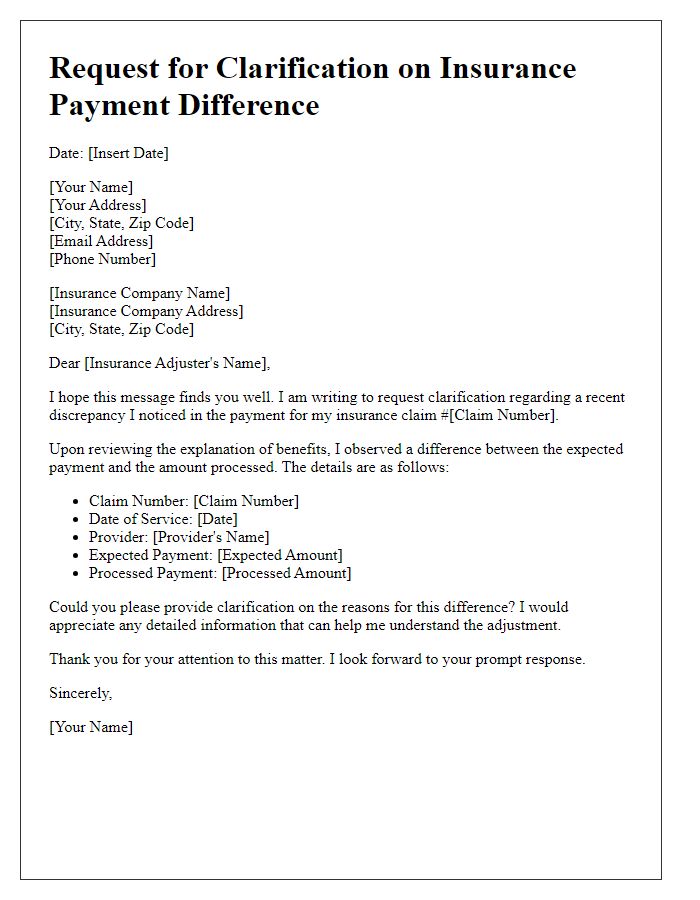 Letter template of request for clarification on insurance payment difference