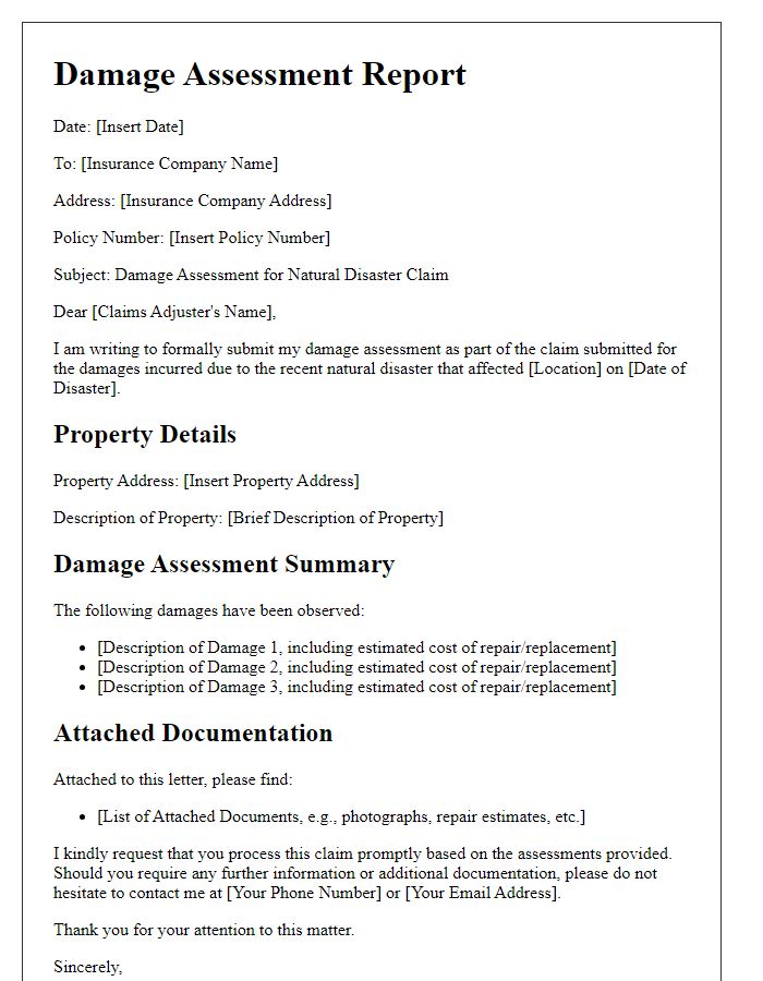 Letter template of damage assessment for natural disaster claim