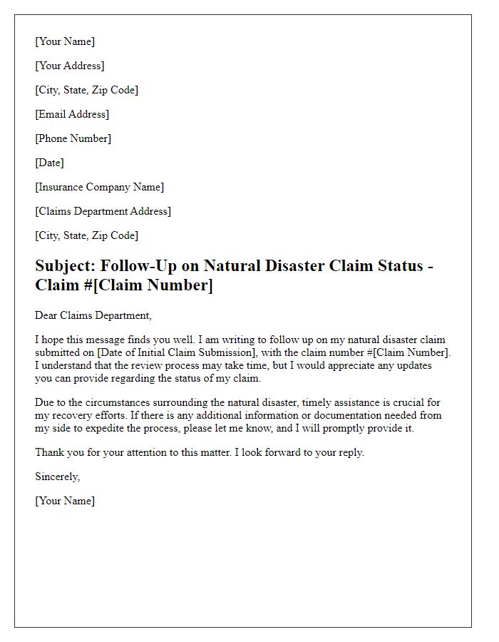 Letter template of follow-up on natural disaster claim status