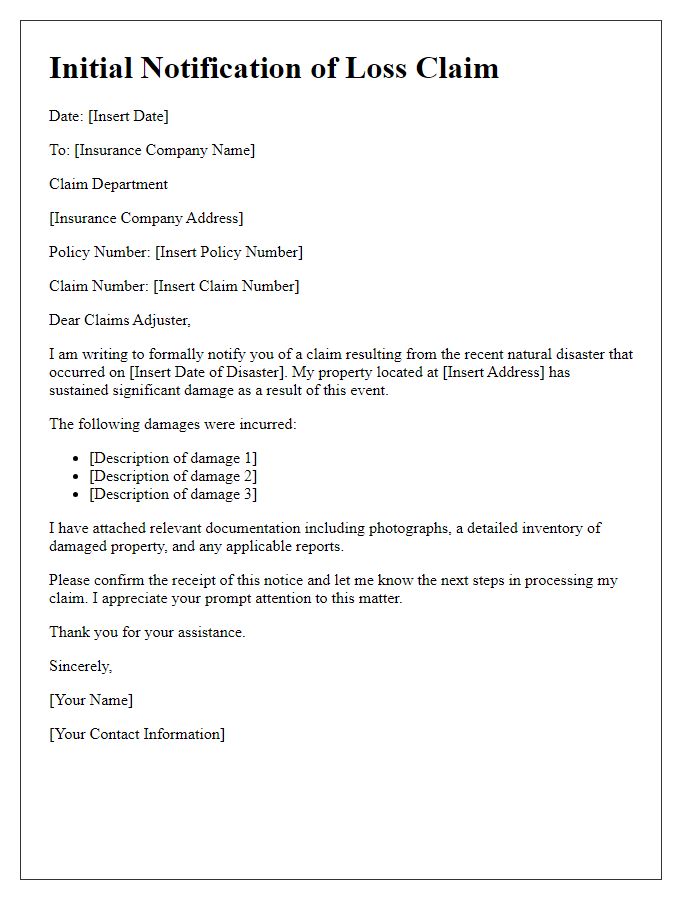 Letter template of initial notification for natural disaster loss claim