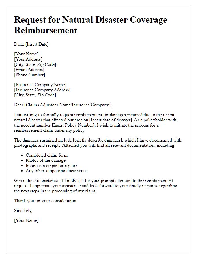 Letter template of request for natural disaster coverage reimbursement