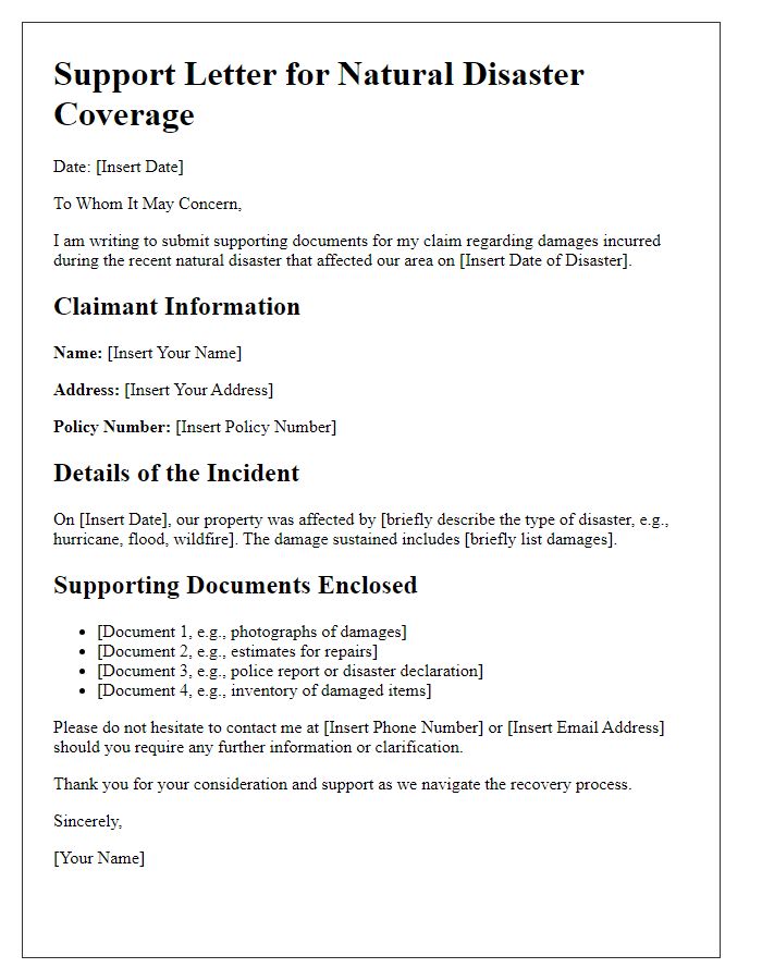 Letter template of supporting documents for natural disaster coverage