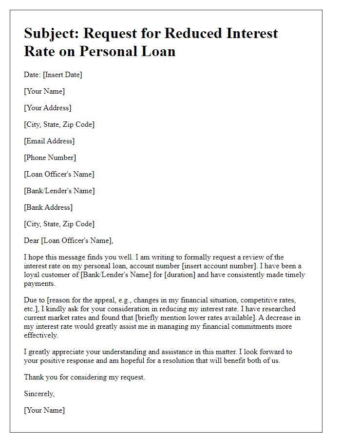 Letter template of appeal for decreased interest rate on personal loan