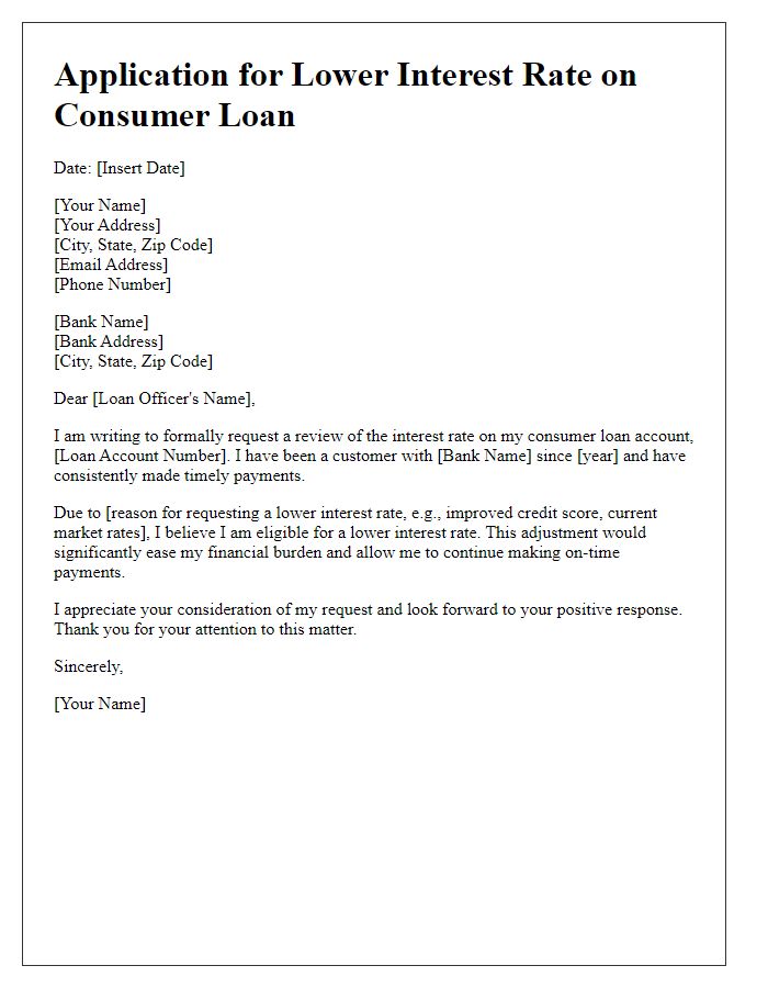 Letter template of application for lower interest rate on consumer loan