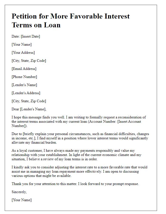 Letter template of petition for more favorable interest terms on a loan