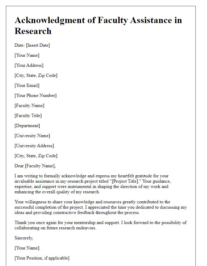 Letter template of acknowledgment for faculty assistance in research